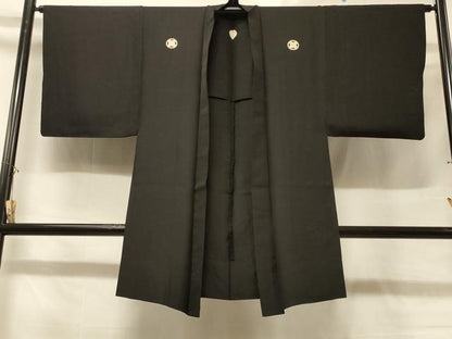 平和屋着物＃男性　長羽織　黒紋付き　単衣　正絹　逸品　CABD1350in