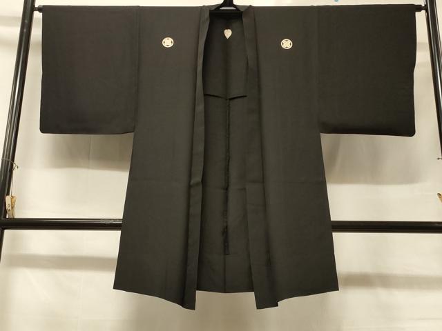 平和屋着物＃男性　長羽織　黒紋付き　単衣　正絹　逸品　CABD1350in