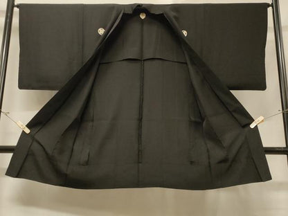 平和屋着物＃男性　長羽織　黒紋付き　単衣　正絹　逸品　CABD1350in