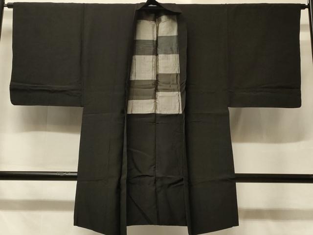 平和屋着物＃男性 長羽織 紬地 黒地 正絹 逸品 CABD1499in