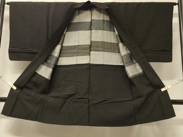 平和屋着物＃男性 長羽織 紬地 黒地 正絹 逸品 CABD1499in