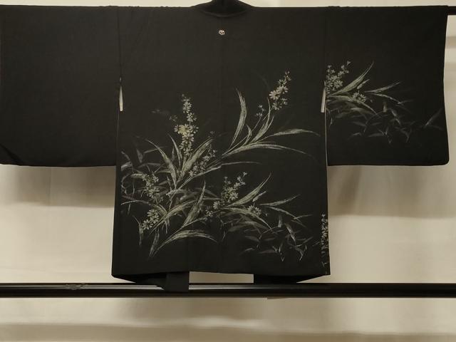 平和屋着物＃羽織 寿光織 草花文 黒地 金銀糸 正絹 逸品 CABD1527in