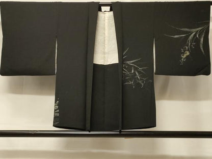 平和屋着物＃羽織 寿光織 草花文 黒地 金銀糸 正絹 逸品 CABD1527in