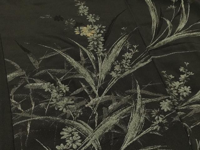 平和屋着物＃羽織 寿光織 草花文 黒地 金銀糸 正絹 逸品 CABD1527in
