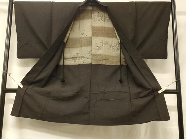 平和屋着物＃男性　長羽織　紬地　黒地　正絹　逸品　CABD1576in