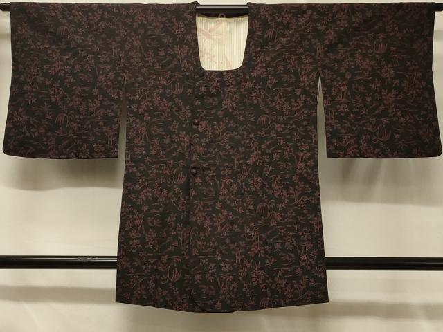 平和屋着物＃道行コート 紬地 草花文 黒地 CABD1584in