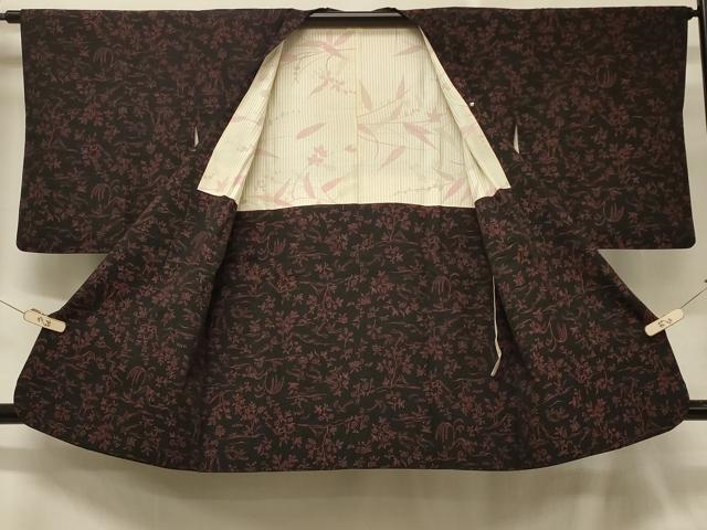 平和屋着物＃道行コート 紬地 草花文 黒地 CABD1584in