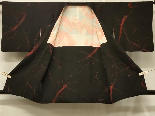 平和屋着物＃道行コート 地紋起こし 抽象文 黒地 正絹 逸品 CABD1586in