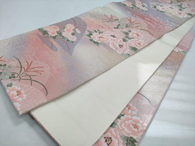 平和屋着物◎六通柄袋帯　重ね山流水花文　金糸　正絹　逸品　CABD1605ha