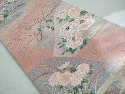 平和屋着物◎六通柄袋帯　重ね山流水花文　金糸　正絹　逸品　CABD1605ha