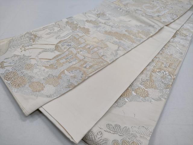 平和屋着物◎全通柄袋帯　美保姿　御所車花松文　銀糸　正絹　逸品　CABD1614ha