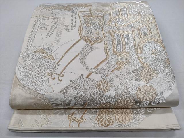 平和屋着物◎全通柄袋帯　美保姿　御所車花松文　銀糸　正絹　逸品　CABD1614ha
