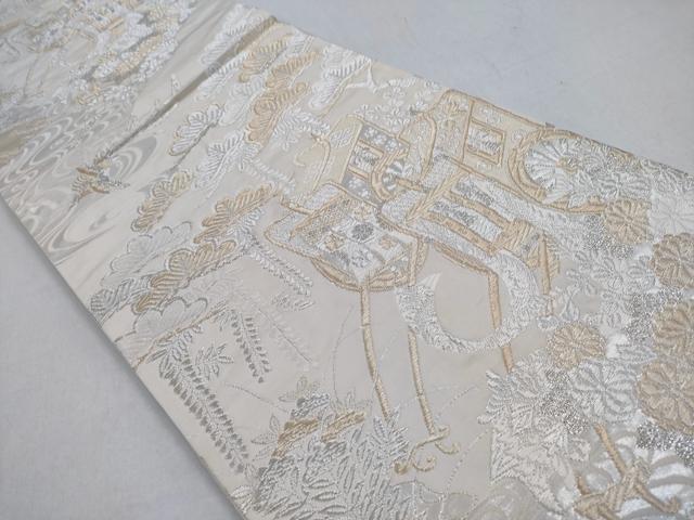 平和屋着物◎全通柄袋帯　美保姿　御所車花松文　銀糸　正絹　逸品　CABD1614ha
