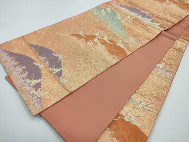 平和屋着物◎六通柄袋帯　唐織　遠山飛鶴箔散らし　金糸　正絹　逸品　CABD1616ha