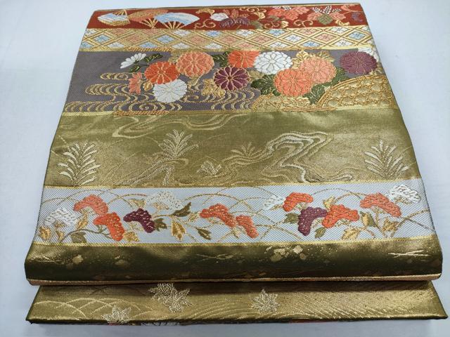平和屋着物◎六通柄袋帯　唐織　横段吉祥花文　金糸　正絹　逸品　CABD1627ha