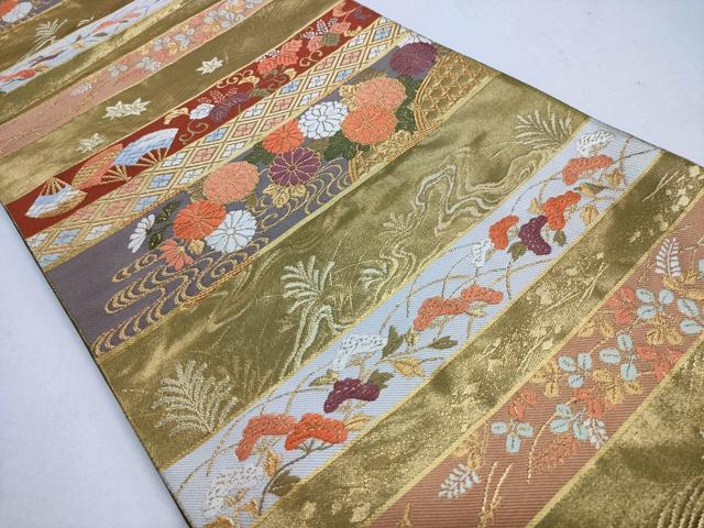 平和屋着物◎六通柄袋帯　唐織　横段吉祥花文　金糸　正絹　逸品　CABD1627ha