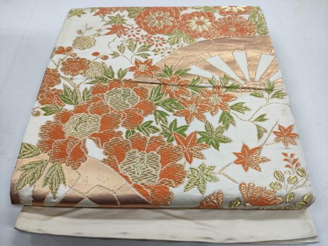 平和屋着物◎六通柄袋帯　片輪車草花文　金糸　正絹　逸品　CABD1632ha