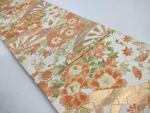 平和屋着物◎六通柄袋帯　片輪車草花文　金糸　正絹　逸品　CABD1632ha