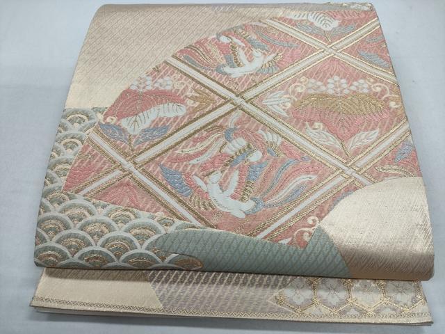 平和屋着物◎六通柄袋帯　さがび錦　扇面桐竹鳳凰文　金糸　正絹　逸品　CABD1636ha