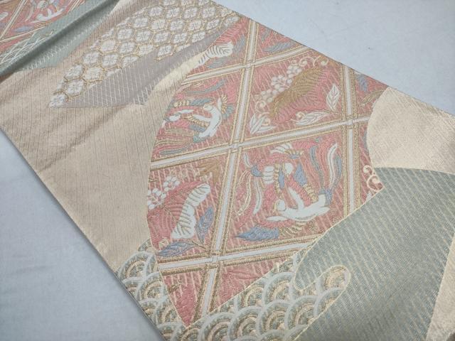 平和屋着物◎六通柄袋帯　さがび錦　扇面桐竹鳳凰文　金糸　正絹　逸品　CABD1636ha