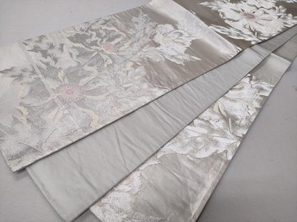 平和屋着物◎六通柄袋帯　草花文　銀糸　正絹　逸品　CABD1642ha