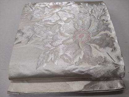 平和屋着物◎六通柄袋帯　草花文　銀糸　正絹　逸品　CABD1642ha