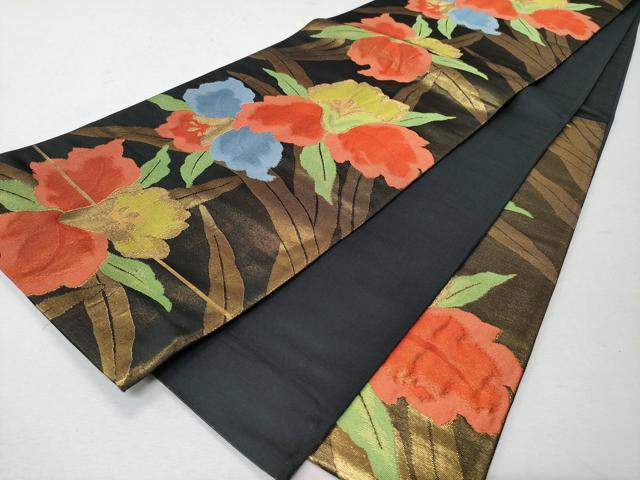 平和屋着物◎六通柄袋帯　草花文　黒地　金糸　正絹　逸品　CABD1650ha