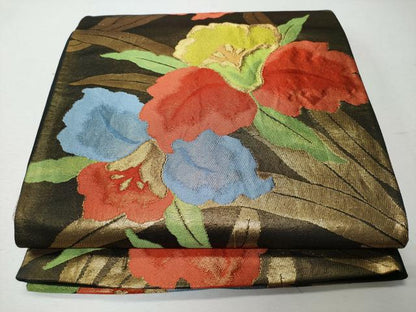 平和屋着物◎六通柄袋帯　草花文　黒地　金糸　正絹　逸品　CABD1650ha