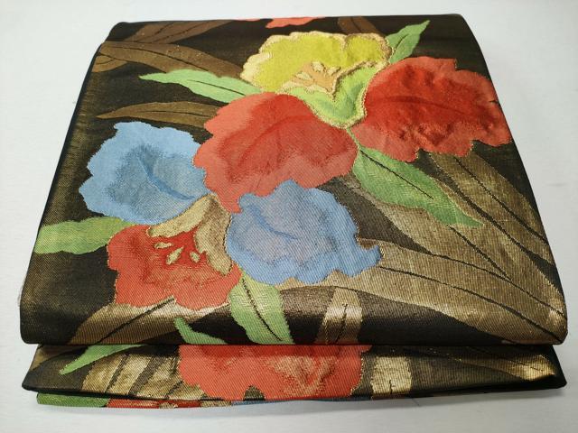 平和屋着物◎六通柄袋帯　草花文　黒地　金糸　正絹　逸品　CABD1650ha
