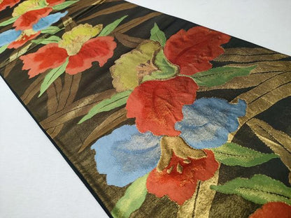 平和屋着物◎六通柄袋帯　草花文　黒地　金糸　正絹　逸品　CABD1650ha