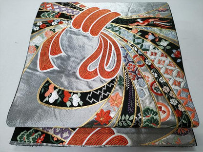 平和屋着物◎六通柄袋帯　唐織　束ね熨斗吉祥花文　黒地　金銀糸　正絹　逸品　CABD1658ha