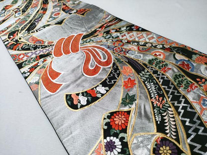 平和屋着物◎六通柄袋帯　唐織　束ね熨斗吉祥花文　黒地　金銀糸　正絹　逸品　CABD1658ha