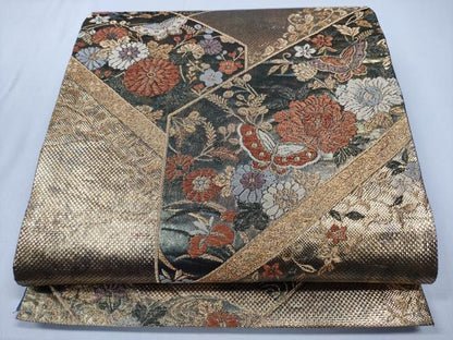 平和屋着物◎六通柄袋帯　斜取段違蒔絵文　彩箔　金糸　正絹　逸品　CABD1667ha