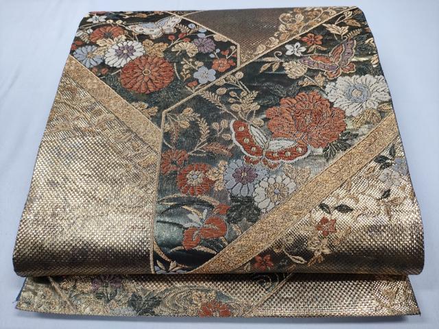 平和屋着物◎六通柄袋帯　斜取段違蒔絵文　彩箔　金糸　正絹　逸品　CABD1667ha