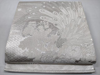 平和屋着物◎六通柄袋帯　美保姿　孔雀羽文　銀糸　正絹　逸品　CABD1672ha