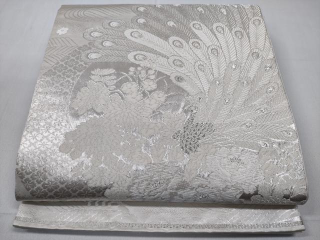 平和屋着物◎六通柄袋帯　美保姿　孔雀羽文　銀糸　正絹　逸品　CABD1672ha