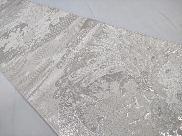 平和屋着物◎六通柄袋帯　美保姿　孔雀羽文　銀糸　正絹　逸品　CABD1672ha