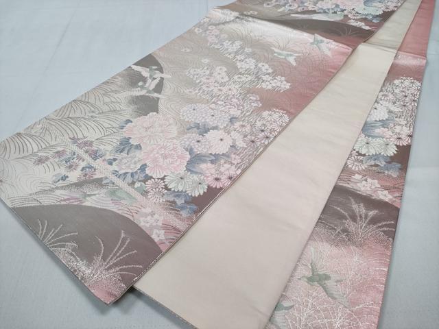 平和屋着物◎六通柄袋帯　流水飛鳥花文　プラチナ二重箔　正絹　逸品　CABD1677ha