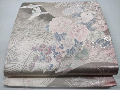 平和屋着物◎六通柄袋帯　流水飛鳥花文　プラチナ二重箔　正絹　逸品　CABD1677ha