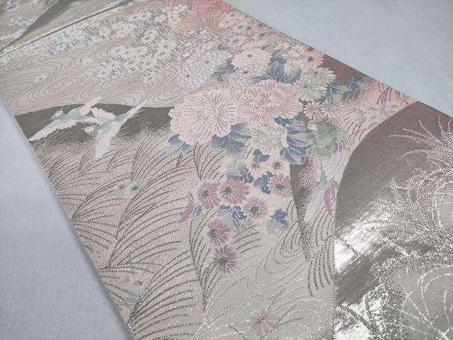 平和屋着物◎六通柄袋帯　流水飛鳥花文　プラチナ二重箔　正絹　逸品　CABD1677ha