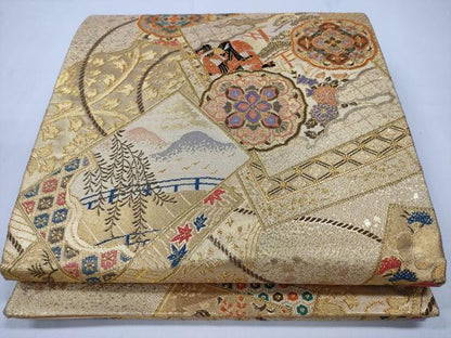 平和屋着物◎六通柄袋帯　雲重ね人物風景花文　金糸　正絹　逸品　CABD1684ha