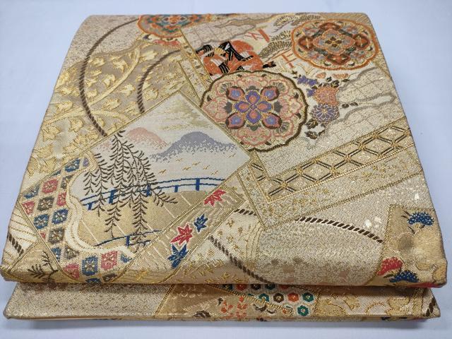平和屋着物◎六通柄袋帯　雲重ね人物風景花文　金糸　正絹　逸品　CABD1684ha