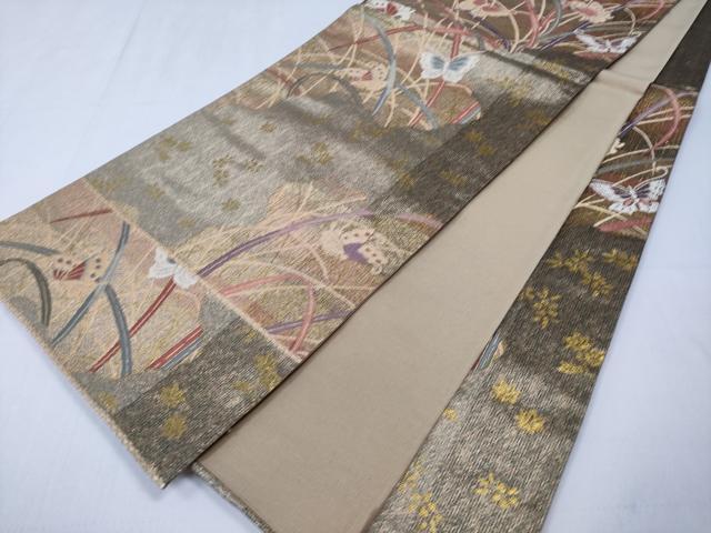 平和屋着物◎六通柄袋帯　芝草舞蝶文　金糸　正絹　逸品　CABD1712ha