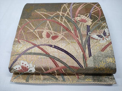 平和屋着物◎六通柄袋帯　芝草舞蝶文　金糸　正絹　逸品　CABD1712ha