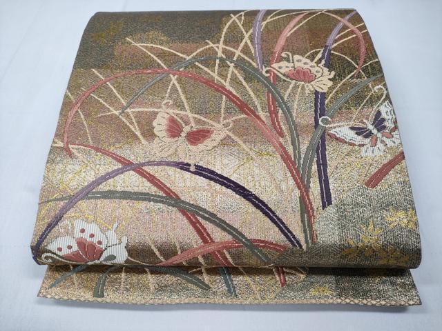 平和屋着物◎六通柄袋帯　芝草舞蝶文　金糸　正絹　逸品　CABD1712ha