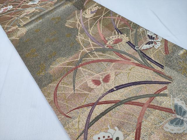 平和屋着物◎六通柄袋帯　芝草舞蝶文　金糸　正絹　逸品　CABD1712ha