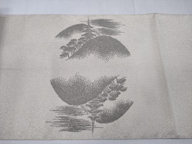 平和屋着物◎太鼓柄袋帯　綴れ　遠山風景松文　銀彩　正絹　逸品　CABD1734ha