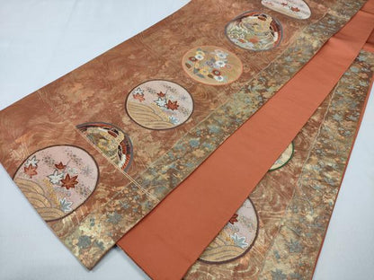 平和屋着物◎六通柄袋帯　鳳凰花丸文　金糸　正絹　逸品　CABD1737ha