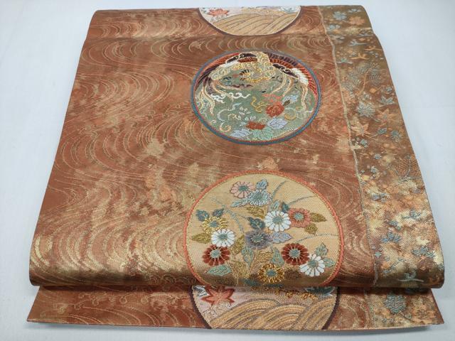平和屋着物◎六通柄袋帯　鳳凰花丸文　金糸　正絹　逸品　CABD1737ha
