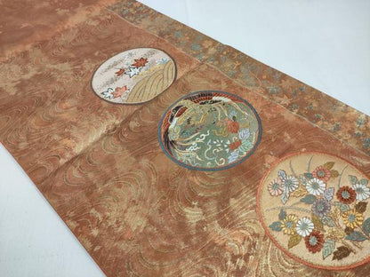 平和屋着物◎六通柄袋帯　鳳凰花丸文　金糸　正絹　逸品　CABD1737ha